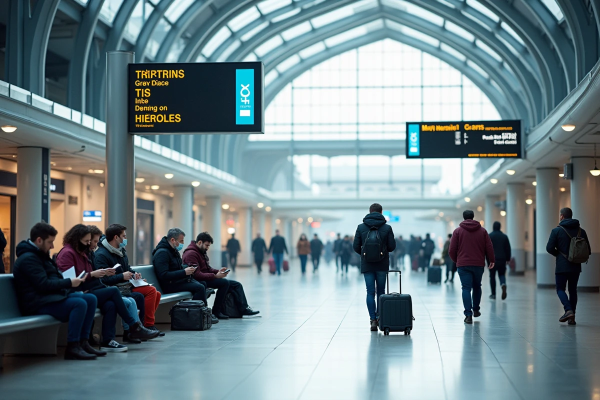 Hall intérieur moderne de la Gare Lille Europe avec voyageurs et panneaux d'affichage TGV