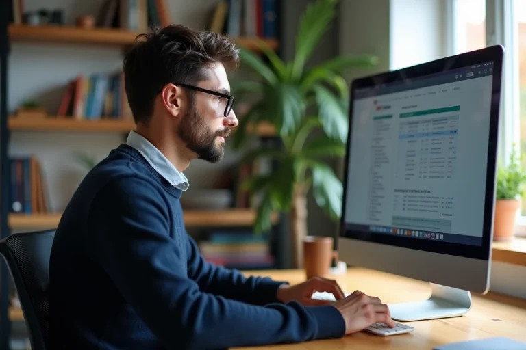 Homme parcourant un annuaire de téléchargement fiable sur son ordinateur dans un bureau à domicile