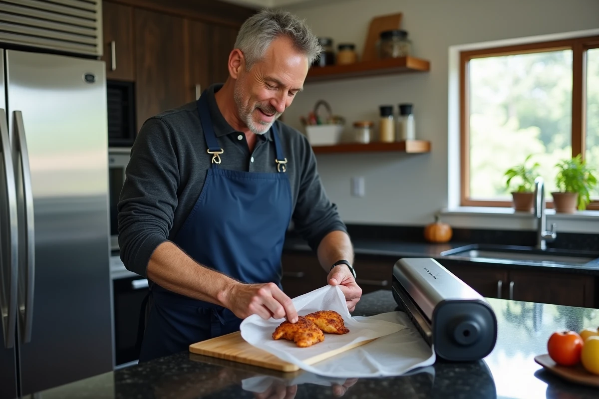 Homme utilisant un appareil de mise sous vide professionnel dans une cuisine semi-professionnelle