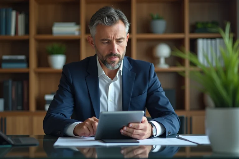 Homme d'affaires en costume bleu dans un bureau moderne