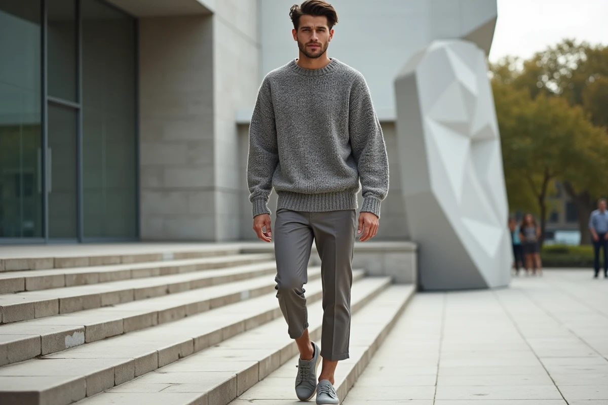 Homme en pull texturé devant un musée d