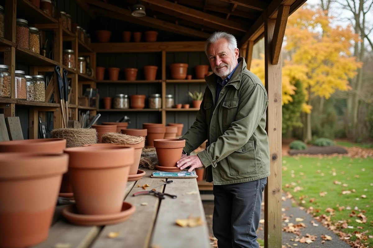 Homme organisant des pots en terre cuite dans un abri de jardin en automne