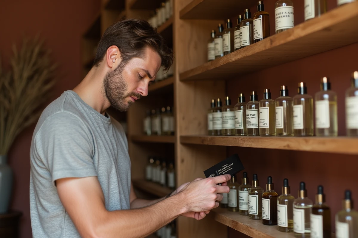 Homme à peau réactive lisant l'étiquette d'un parfum naturel dans une parfumerie artisanale aux étagères en bois