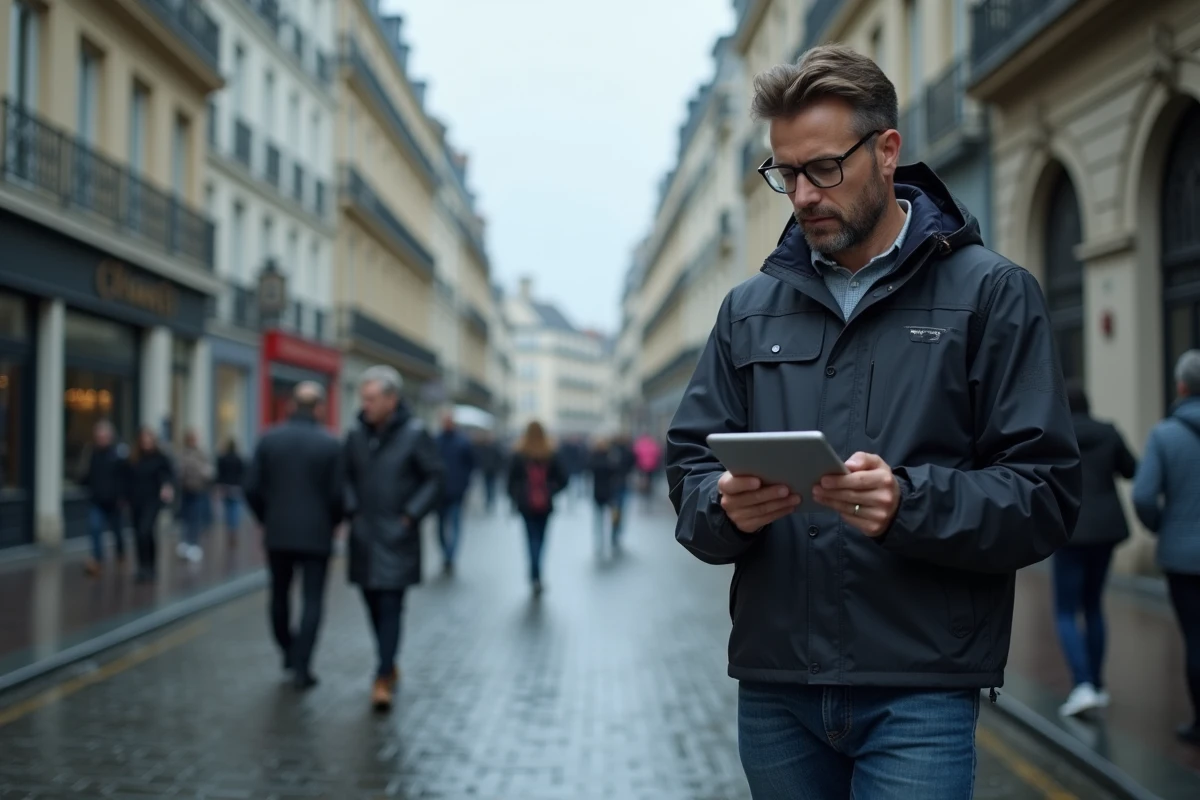 Homme en veste imperméable consultant un site météo sur une tablette dans une rue parisienne sous un ciel nuageux