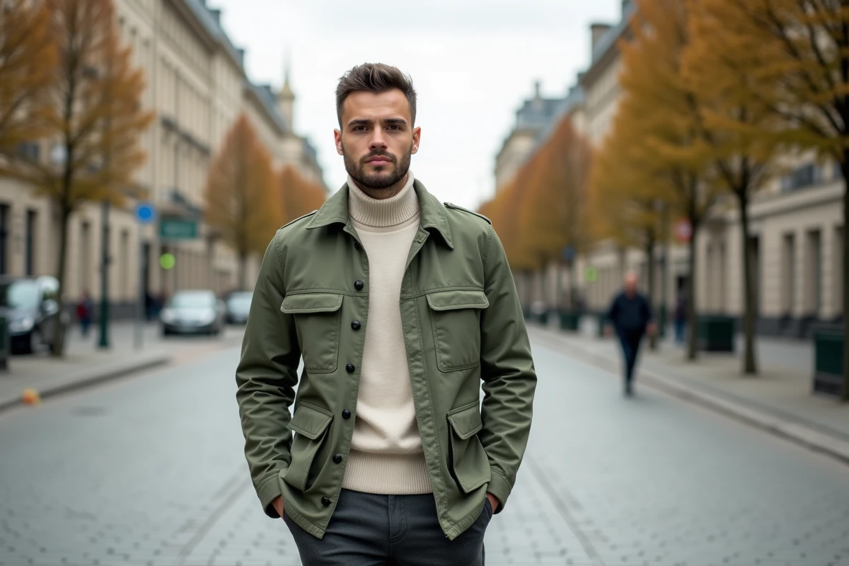 Homme en veste utilitaire vert sauge et col roulé crème dans une rue pavée européenne, inspiration mode urbaine masculine