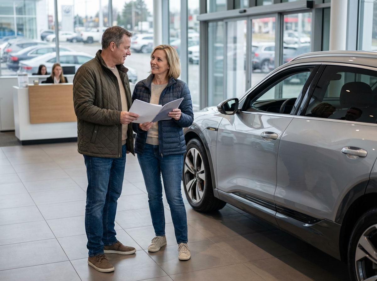 Couple examinant une voiture dans un concessionnaire