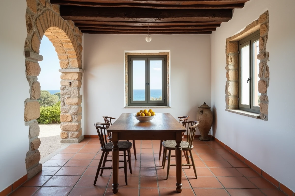 Intérieur rénové d'une maison de pêcheur portugaise avec poutres en bois, carrelage en terre cuite et vue sur l'Atlantique