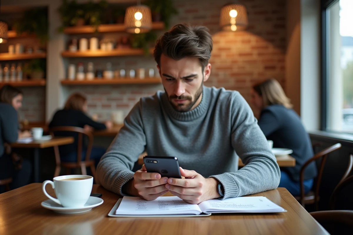 Jeune investisseur consultant une application de bourse sur smartphone dans un café urbain