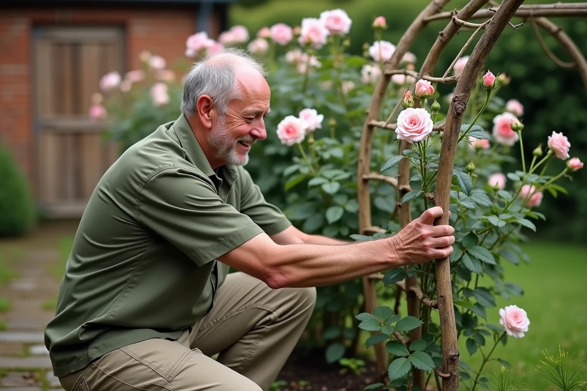 Jardinier en train de redresser et guider une tige arquée de rosier vers un treillis dans un jardin de style cottage anglais