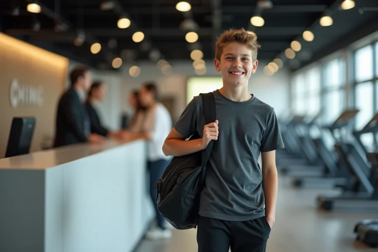 Jeune garçon souriant dans une salle de sport moderne