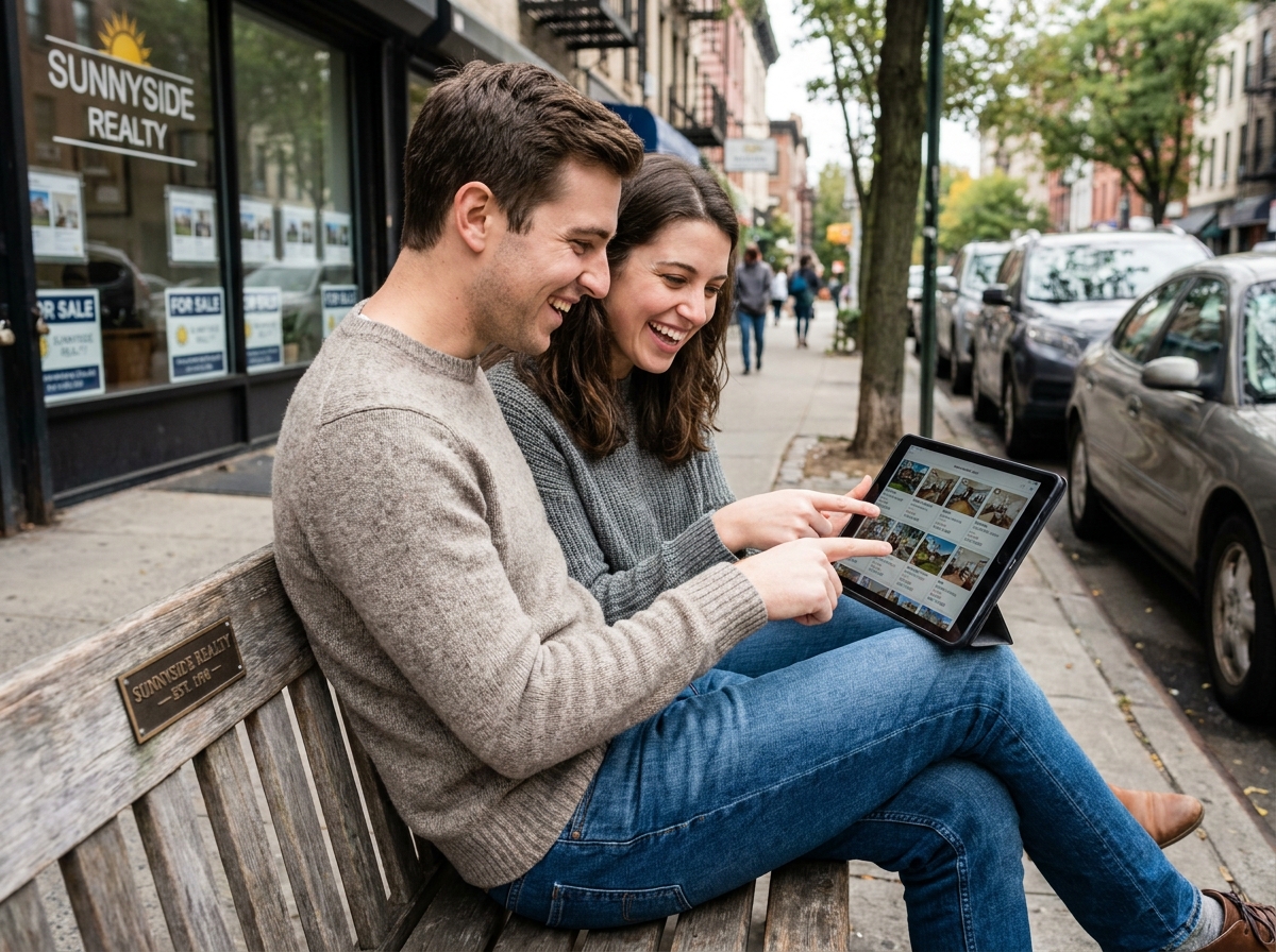 Jeune couple regarde annonces immobilières sur une tablette