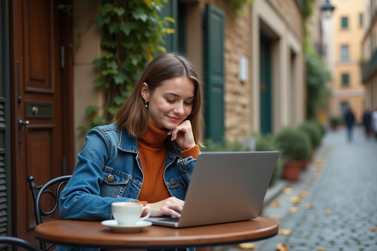 Jeune femme lisant de la poésie en ligne sur un ordinateur portable en terrasse de café