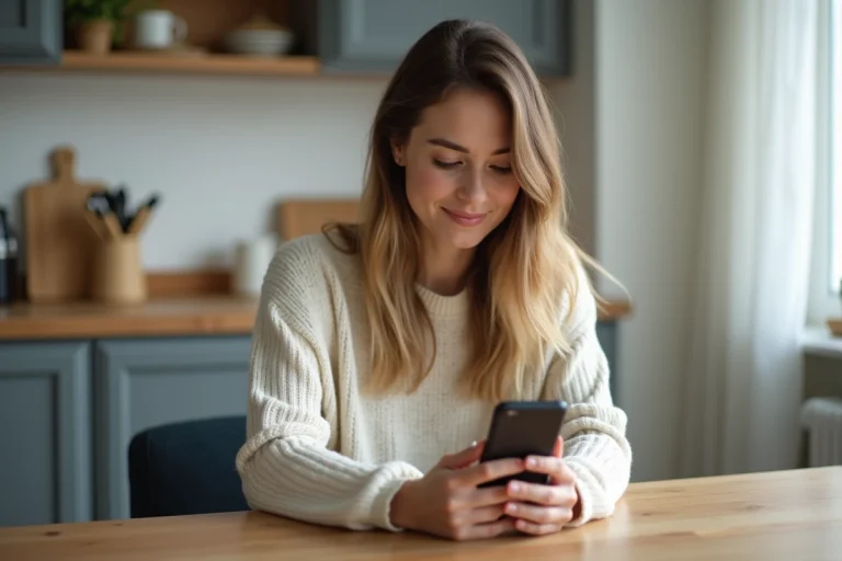 Jeune femme dans la cuisine regardant son smartphone