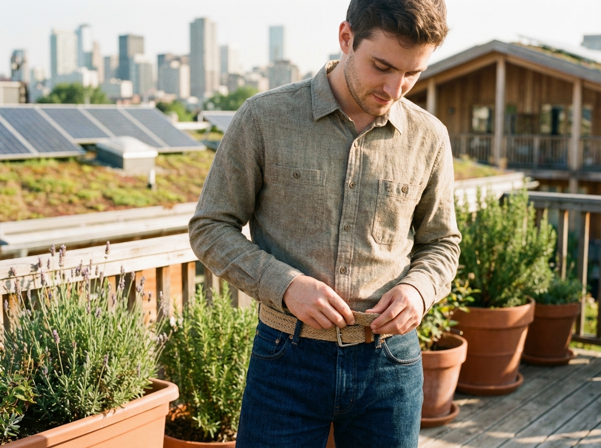 Jeune homme attachant une ceinture en jute dans un cadre urbain