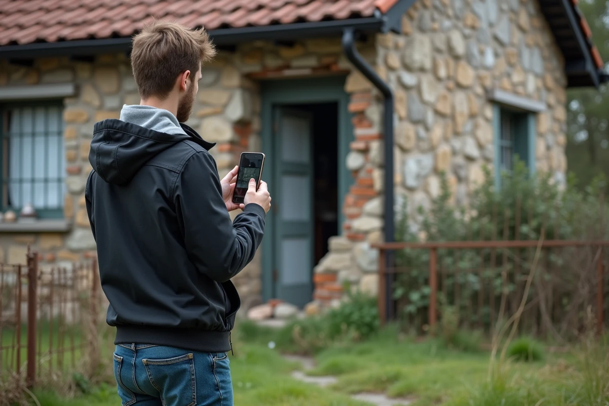 Jeune homme photographiant une maison abandonnée avec smartphone