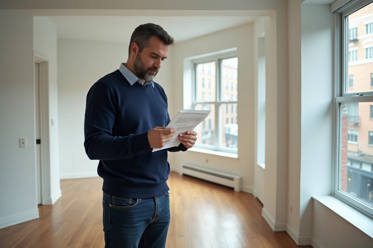 Locataire examinant un contrat de location dans un appartement vide lors d'une visite immobilière