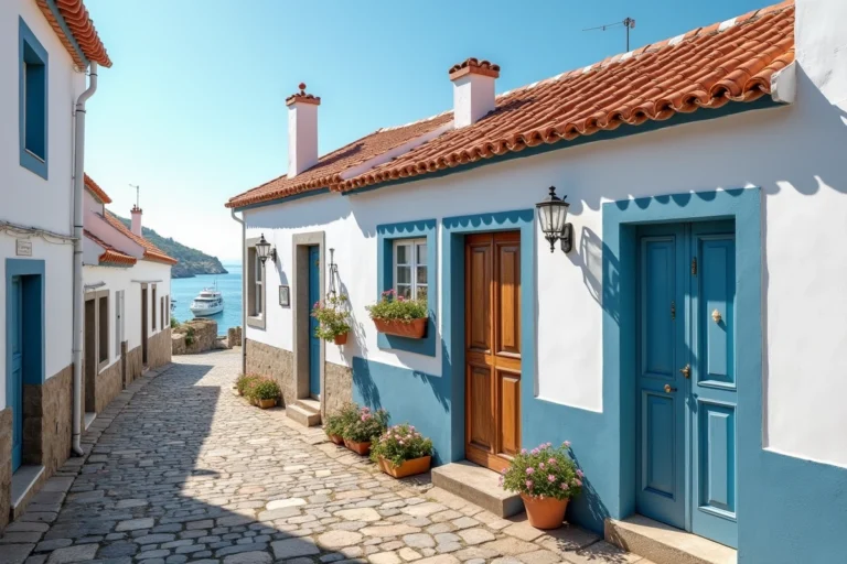 Maison de pêcheur traditionnelle au Portugal avec façade blanchie à la chaux et carreaux azulejos bleus dans un village côtier