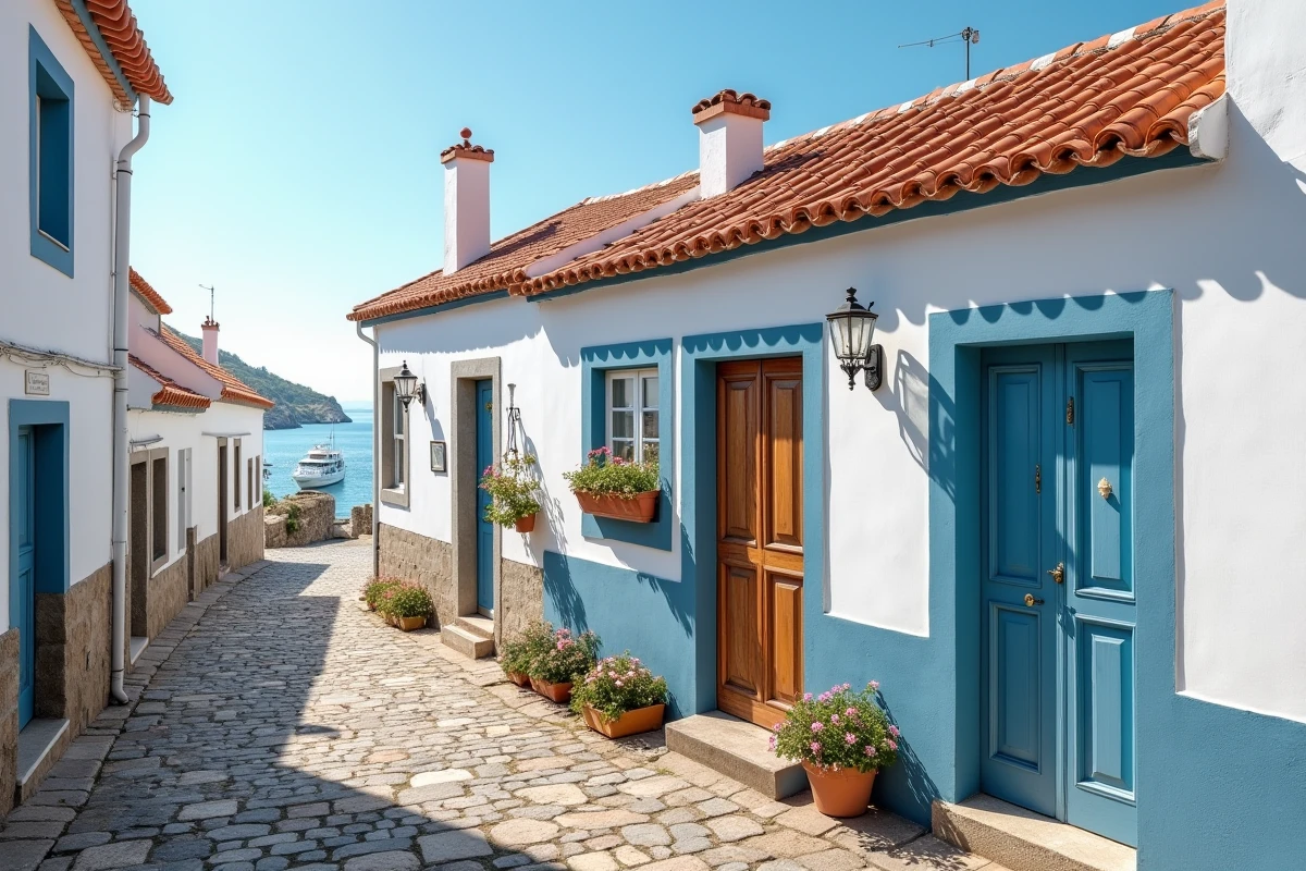Maison de pêcheur traditionnelle au Portugal avec façade blanchie à la chaux et carreaux azulejos bleus dans un village côtier