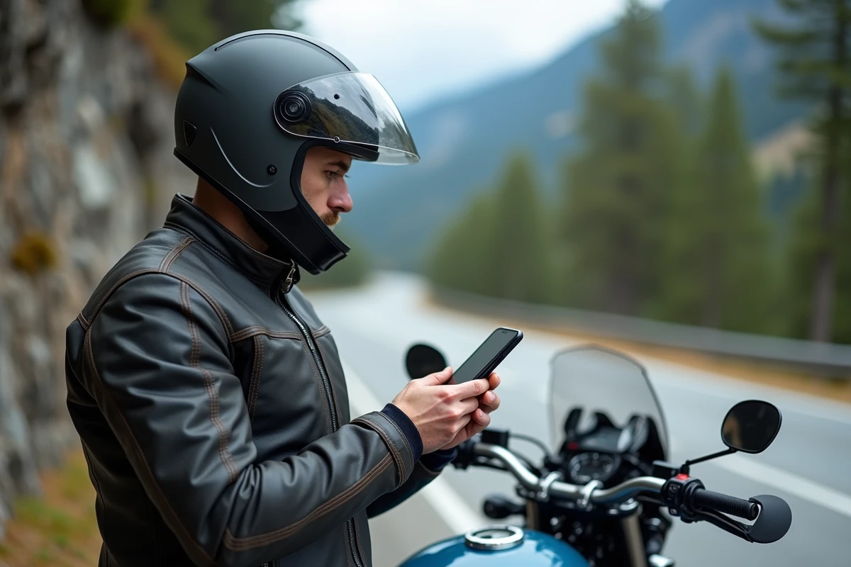 Motard consultant l'application Calimoto sur smartphone pour naviguer sur une route de montagne