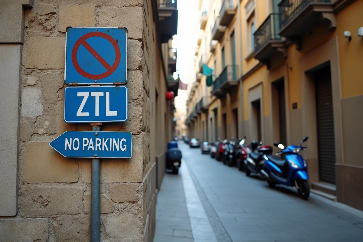 Panneau de zone ZTL à l'entrée d'une ruelle historique de Palerme signalant les restrictions de stationnement