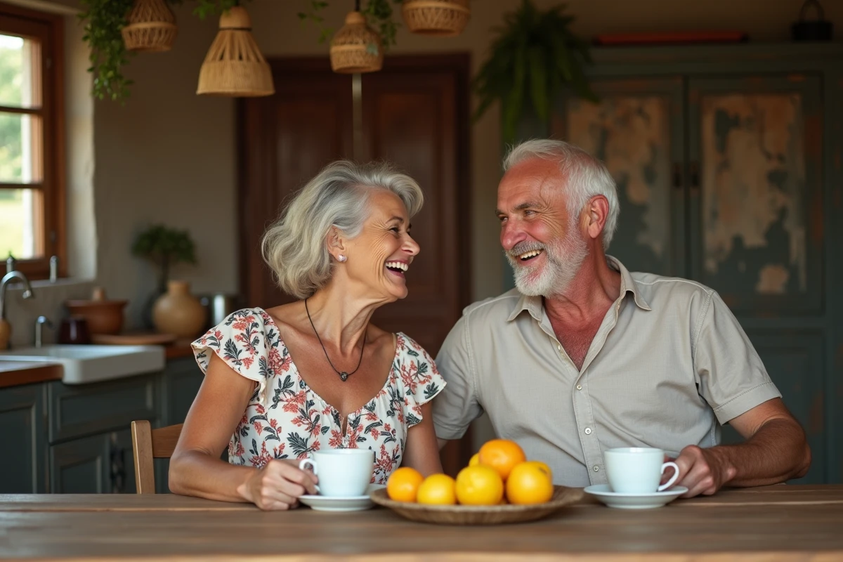 Couple méditerranéen d'âge mûr partageant un moment chaleureux dans une cuisine traditionnelle, symbolisant les racines familiales et l'héritage culturel des parents de Kelly Vedovelli