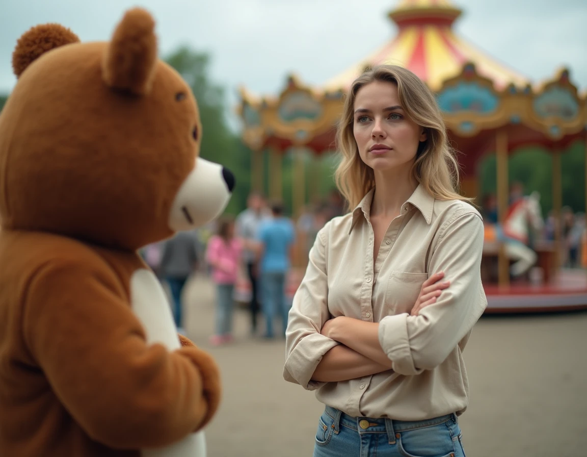 Jeune femme adulte manifestant une peur des mascottes face à un personnage costumé dans un parc d'attractions