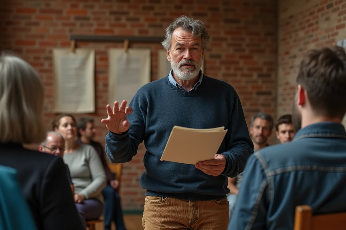 Poète récitant ses vers devant un public dans un espace culturel communautaire