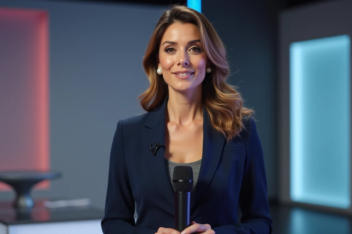 Femme présentatrice télévision sur un plateau moderne tenant un microphone, illustrant la carrière médiatique de Kelly Vedovelli et l'influence de ses origines sur son parcours professionnel
