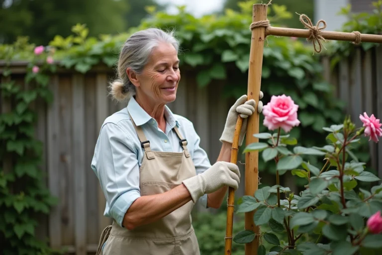 Jardinière attachant une tige courbée de rosier à un tuteur en bambou avec de la ficelle de jute dans un jardin verdoyant