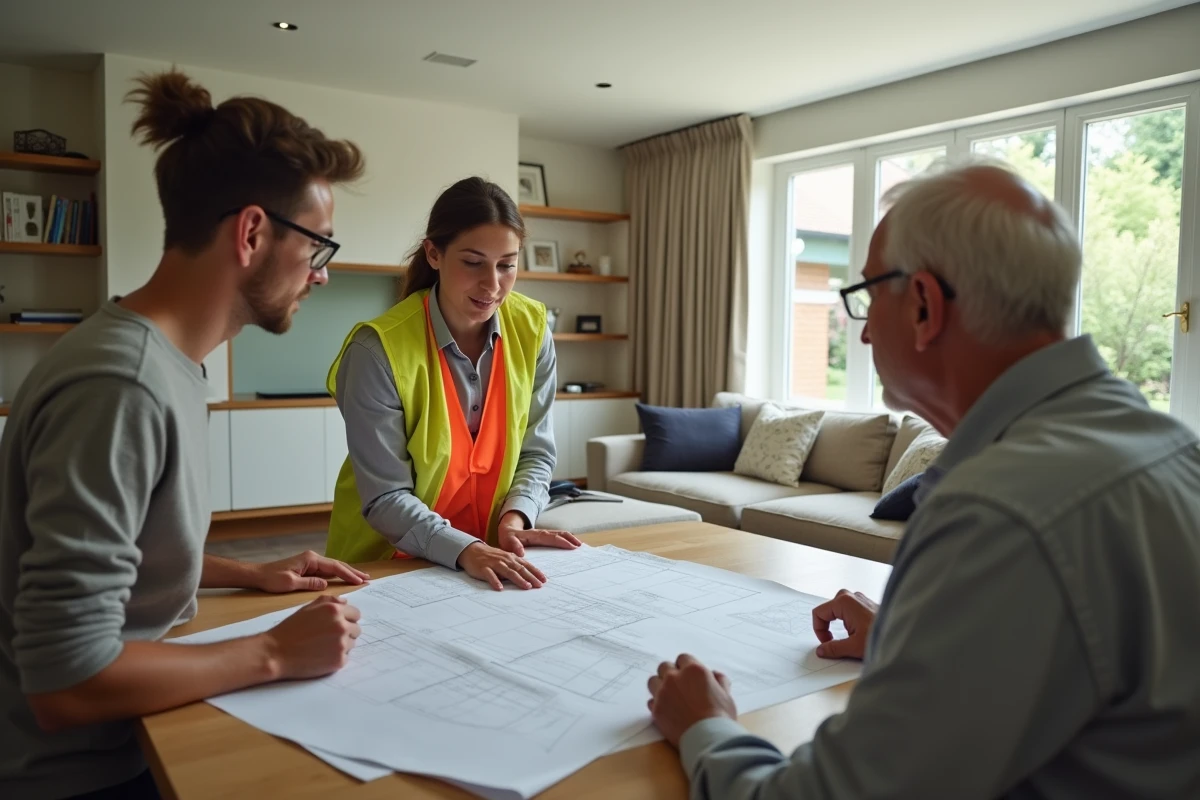 Jeune femme et couple examinant plans dans salon rénové