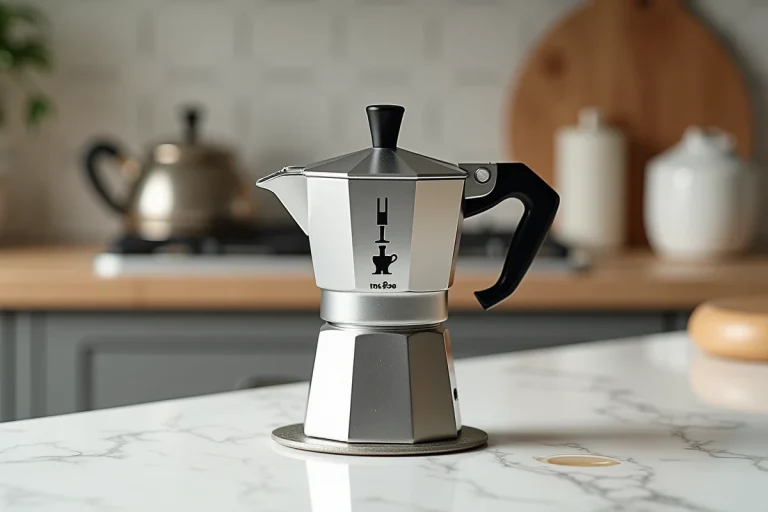 Cafetière italienne moka ouverte avec résidus d'eau visibles à l'intérieur posée sur un plan de travail en marbre blanc