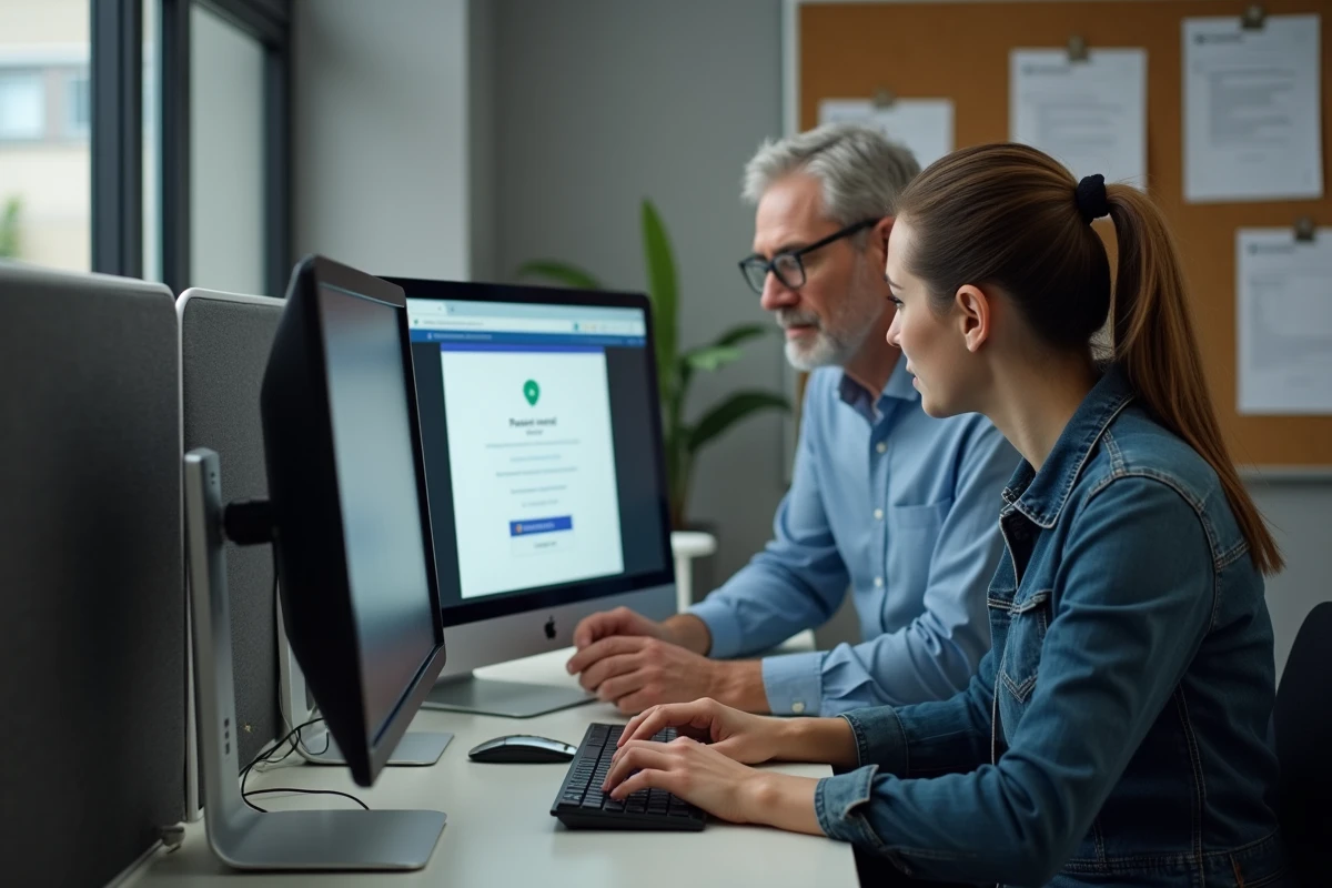 Deux collègues tentant de résoudre un problème de connexion à une messagerie email sur un ordinateur de bureau en open space
