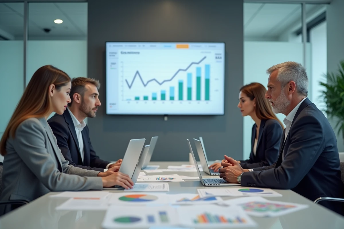 Réunion d'équipe de professionnels analysant les données préoccupantes de l'indice Dirvox autour d'une table de conférence