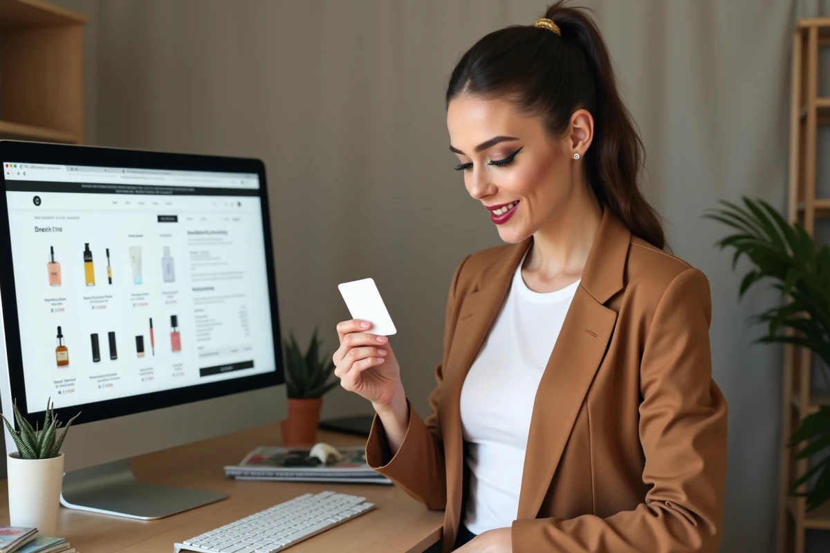 Femme faisant ses achats beauté en ligne avec des produits cosmétiques tendance dans son panier sur un écran d'ordinateur