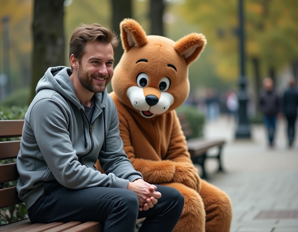 Homme adulte surmontant sa peur des mascottes en interagissant sereinement avec un personnage costumé dans un parc urbain