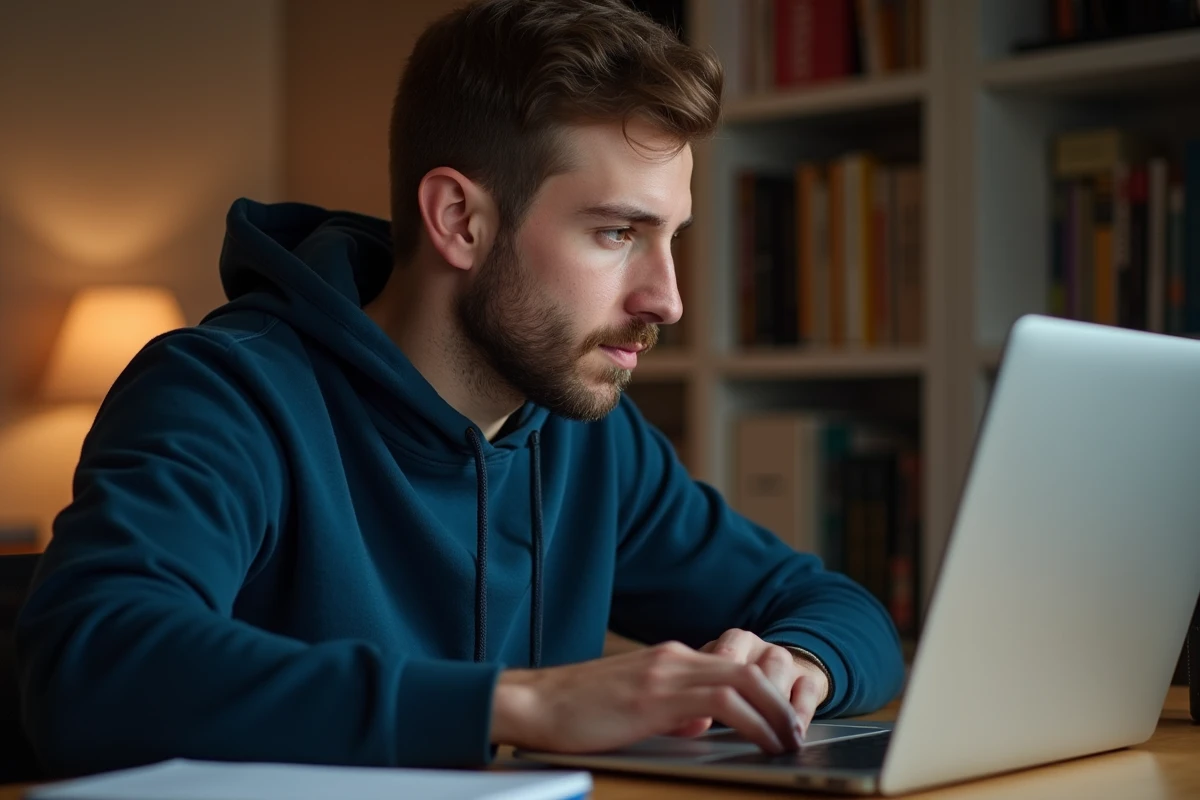 Jeune homme téléchargeant une vidéo en ligne depuis son ordinateur portable à son bureau à domicile