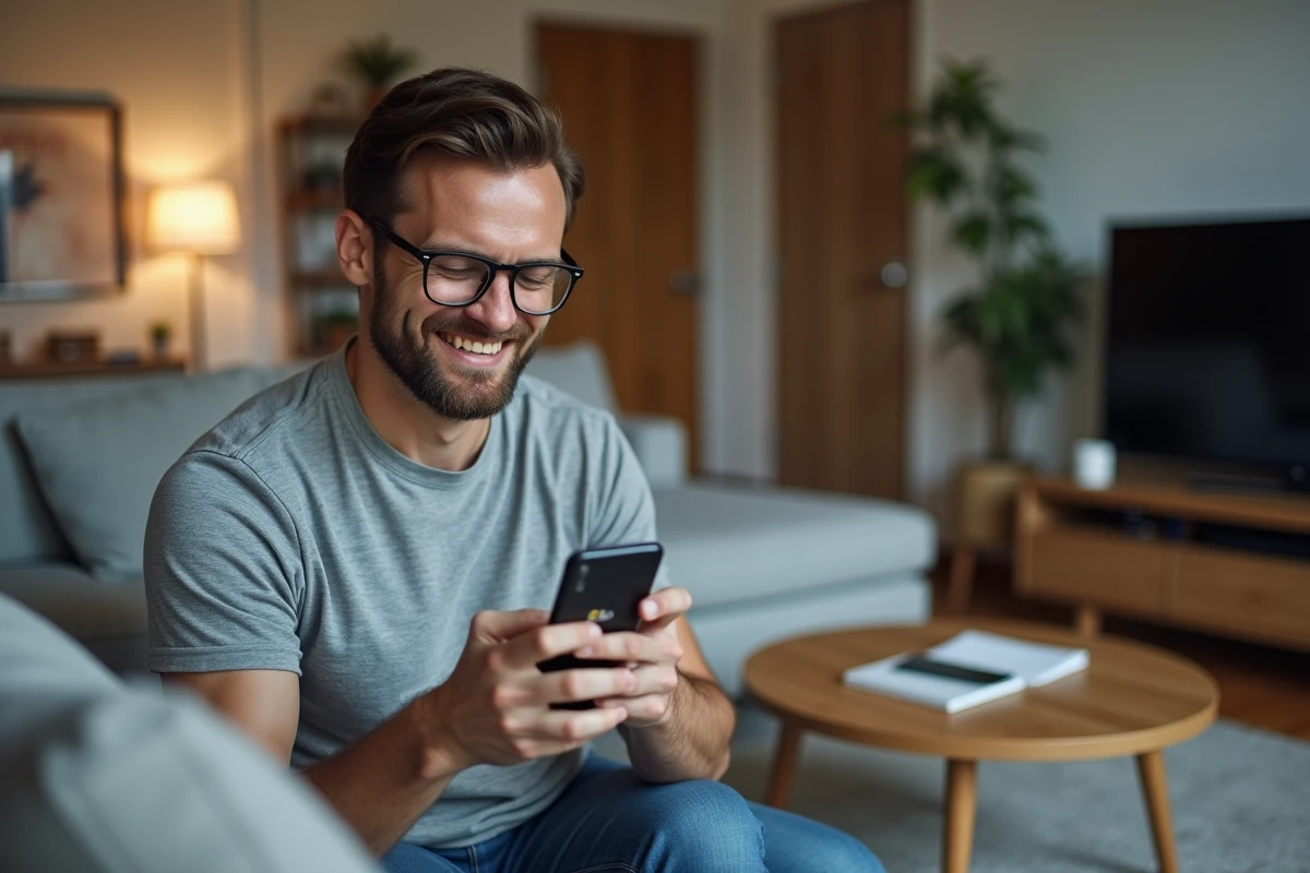 Homme téléchargeant une vidéo depuis son smartphone dans un salon moderne avec une barre de progression visible