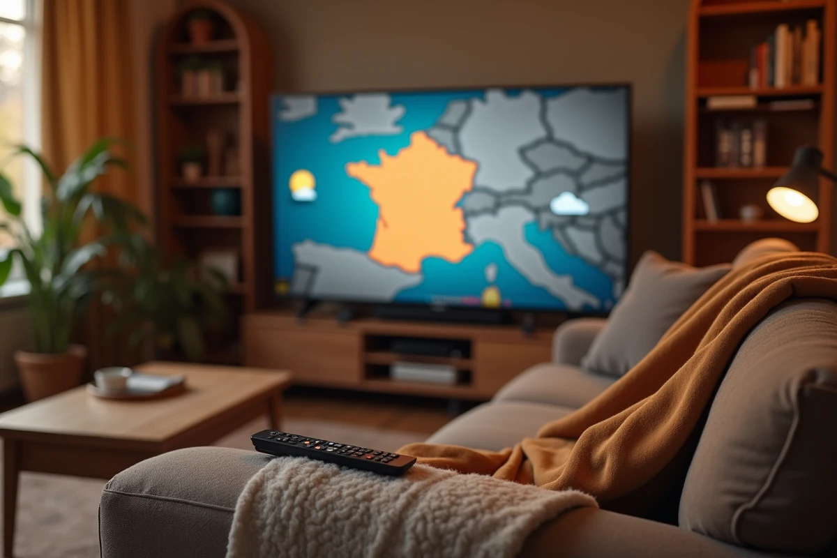 Télévision affichant une carte de prévisions météorologiques françaises dans un salon cosy avec télécommande sur le canapé