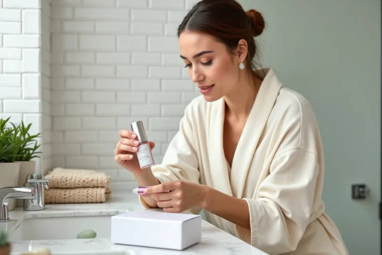 Femme testant un sérum beauté tendance devant une coiffeuse en marbre avec des produits cosmétiques soigneusement disposés