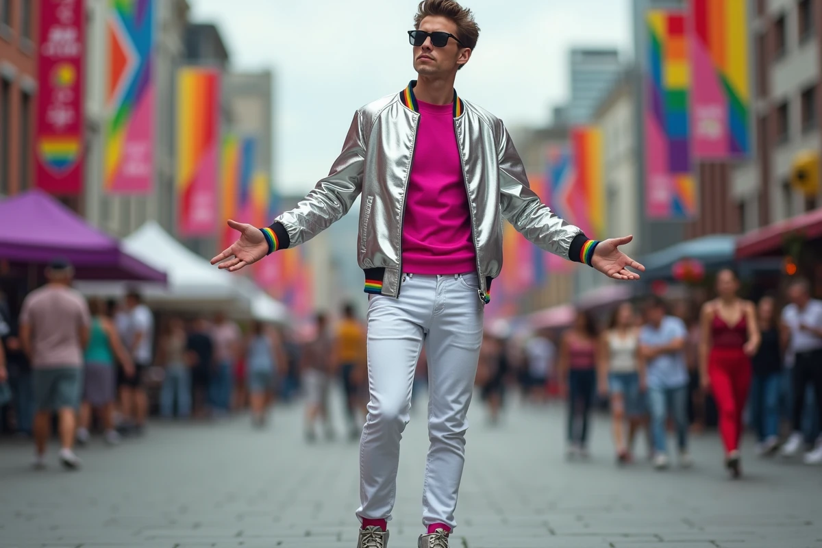 Homme en veste holographique et pantalon à broderies arc-en-ciel lors d'un événement de la gay pride 2026
