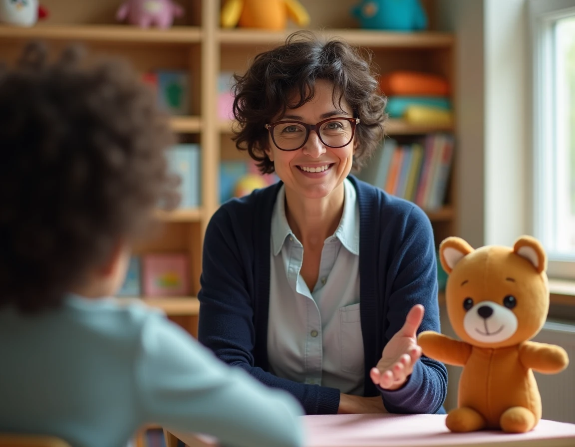 Thérapeute pour enfants utilisant une peluche mascotte lors d'une séance d'exposition graduelle pour surmonter la peur