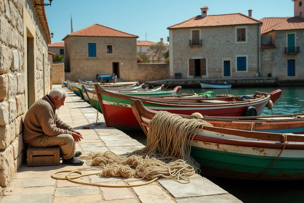 Front de mer d'un village de pêcheurs portugais avec maison en pierre, bateaux colorés amarrés et pêcheur réparant ses filets