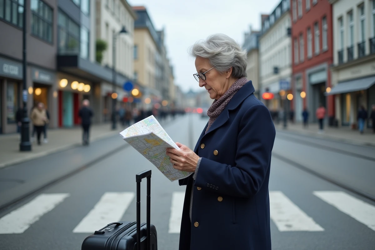 Femme consultant un plan de gare entre Lille Flandres et Lille Europe avant de prendre son train